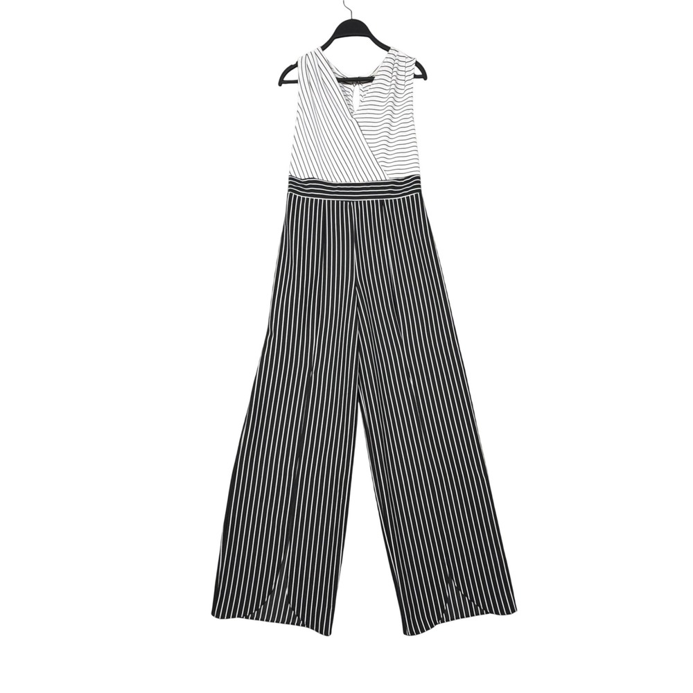 Vintage‎ Black White Striped Minimalist Sleeveless Wide Leg Slit Jumpsuit Size S